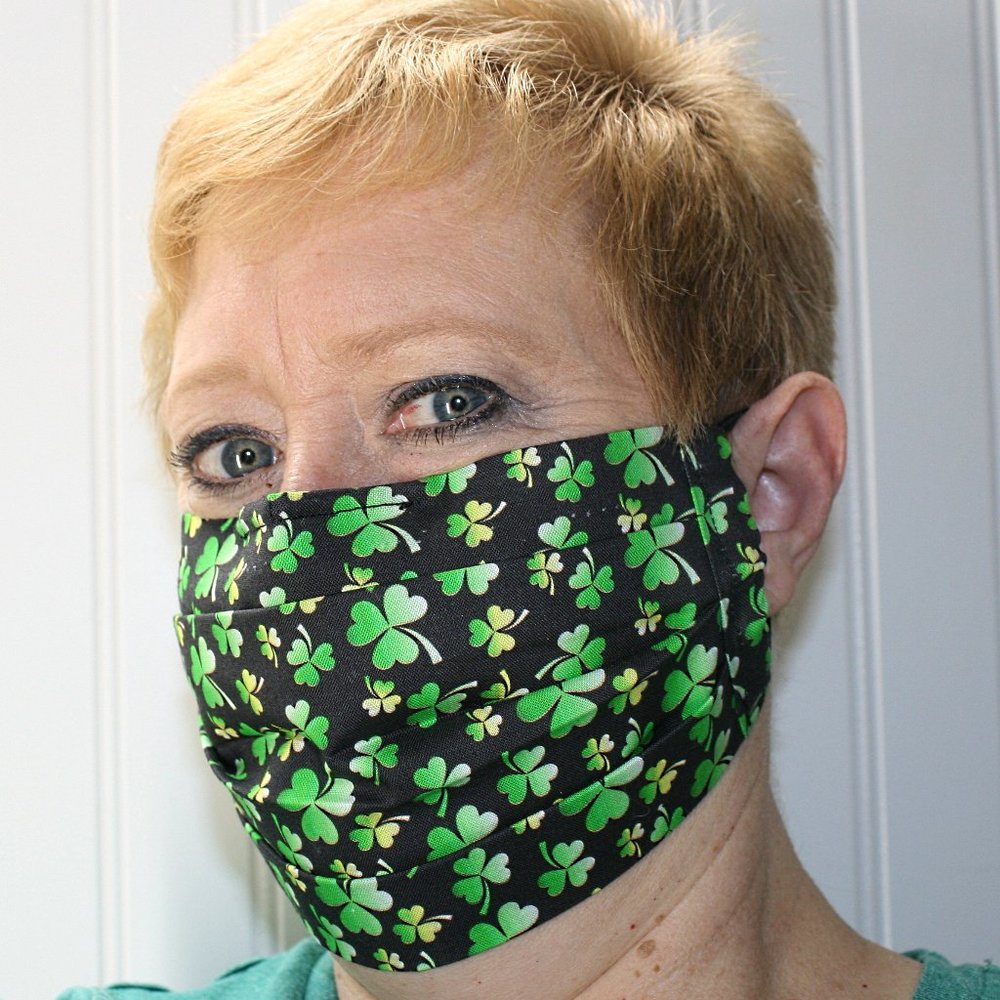 HAND CRAFTED Face Mask Black Shamrock Adult Cloth Fabric Print - Pocket Style
